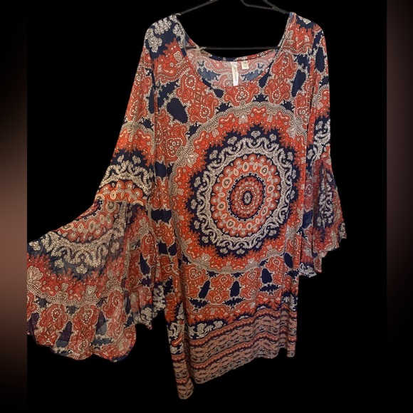 NWT TACERA Woman’s Medallion Orange Navy Blue Dress Sheer Winged Sleeves 2X - Picture 3 of 15